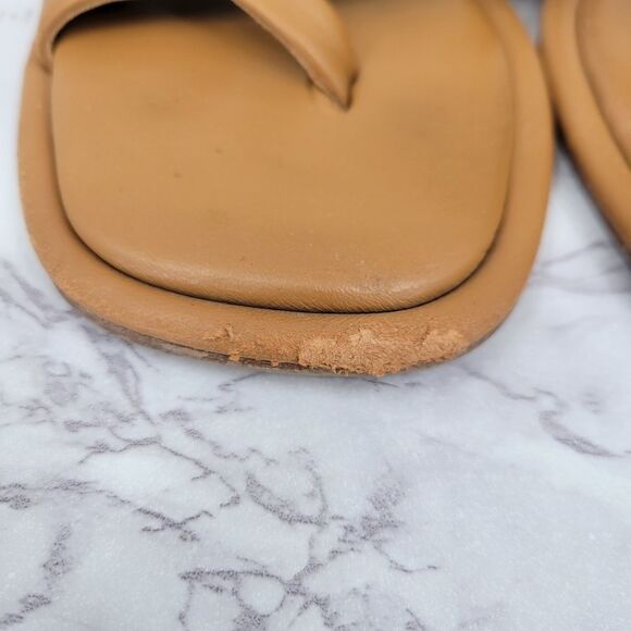 J/SLIDES Tan Leather Sandals Asymmetrical Slip-On Strappy - Picture 2 of 8